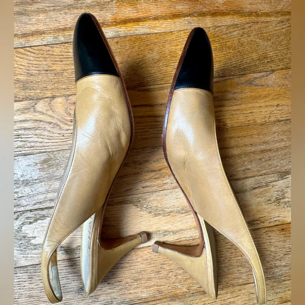 Chanel Beige Black Cap Toe Leather
Slingback Heels - Picture 3 of 6